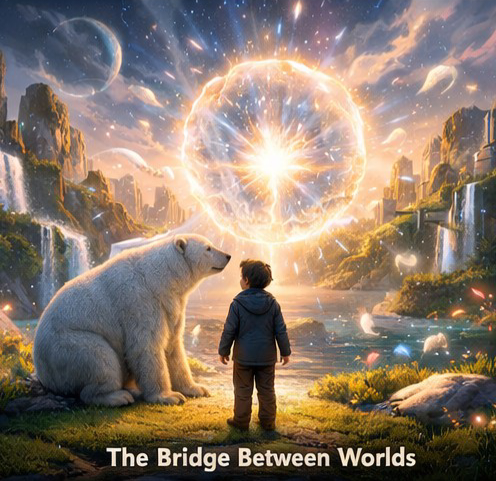 the boy standing with the polar bear under a bridge to another world