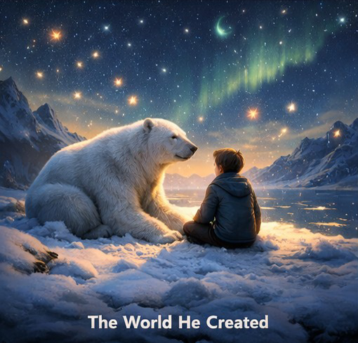 a boy sitting with polar bear under a beautiful sky