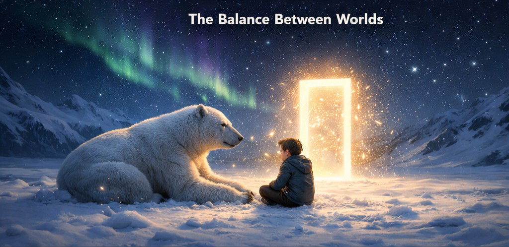 Boy standing with polar bear at the door to another world