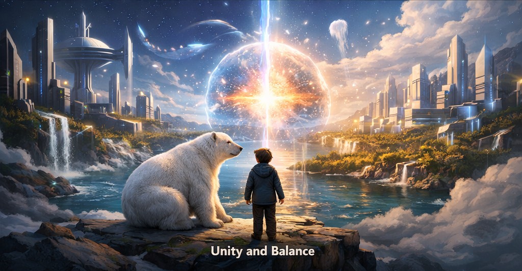the boy standing with the polar bear on a lake looking out at an other worldly city